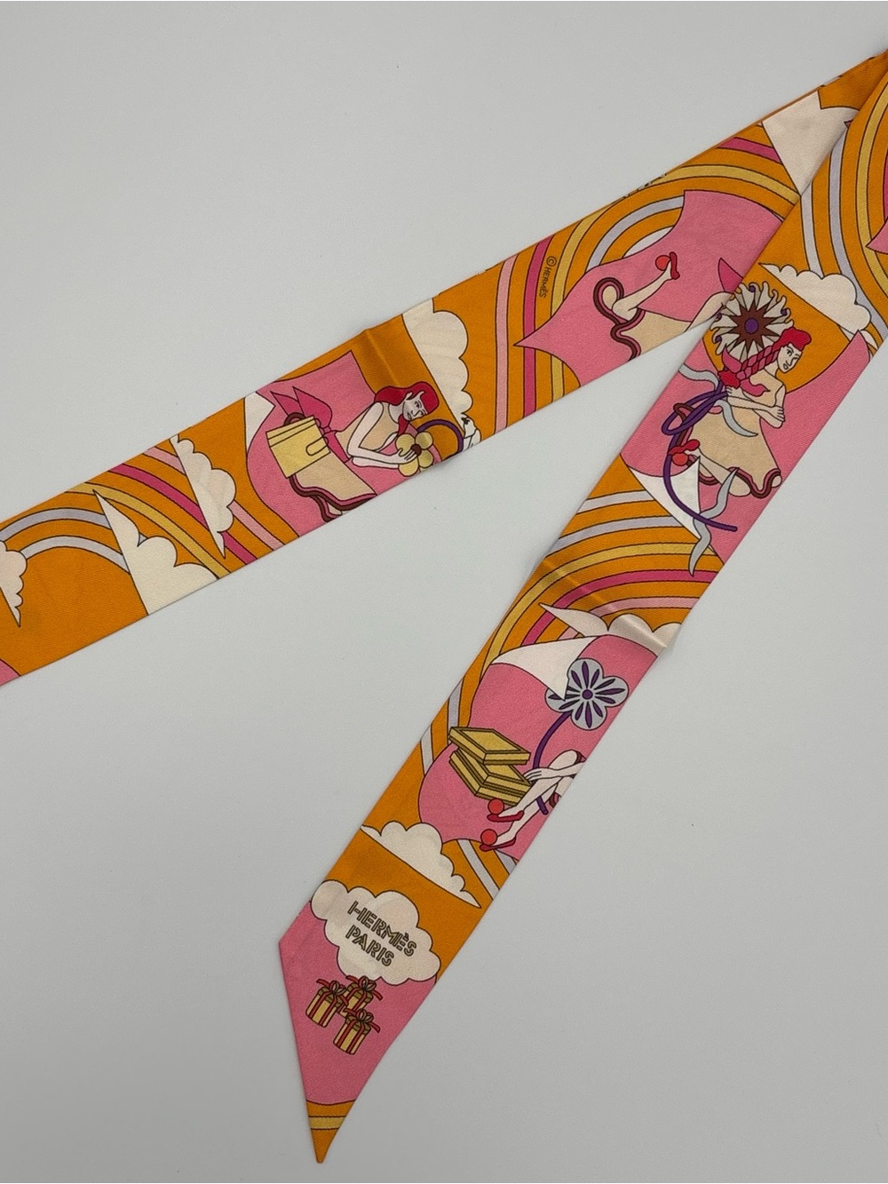 Hermès Twilly Carrés Volants Orange Rose Pink Scarf Ribbon Hair Tie Bag